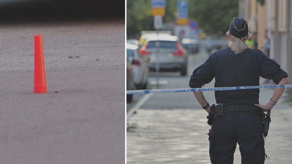 en kon som markerar tomhylsor och en polis bakom avspärrningar