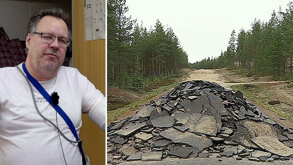 En delad bild med två sektioner: till vänster en person, Bo Nordebo, i ett rum med en vit t-shirt och  till höger en avbruten väg i en skog med en stor hög av asfalt som blockerar vägen.