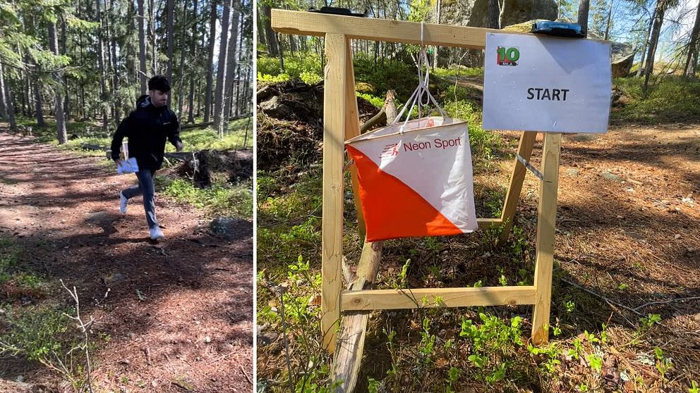 Delad bild. Till vänster: en person springer i skogen. Till höger: startskylt för orientering.