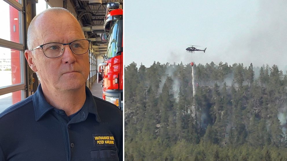 Inre befäl Peter Karlborg på räddningstjänsten i Halmstad och en helikopter som släcker skogsbrand.