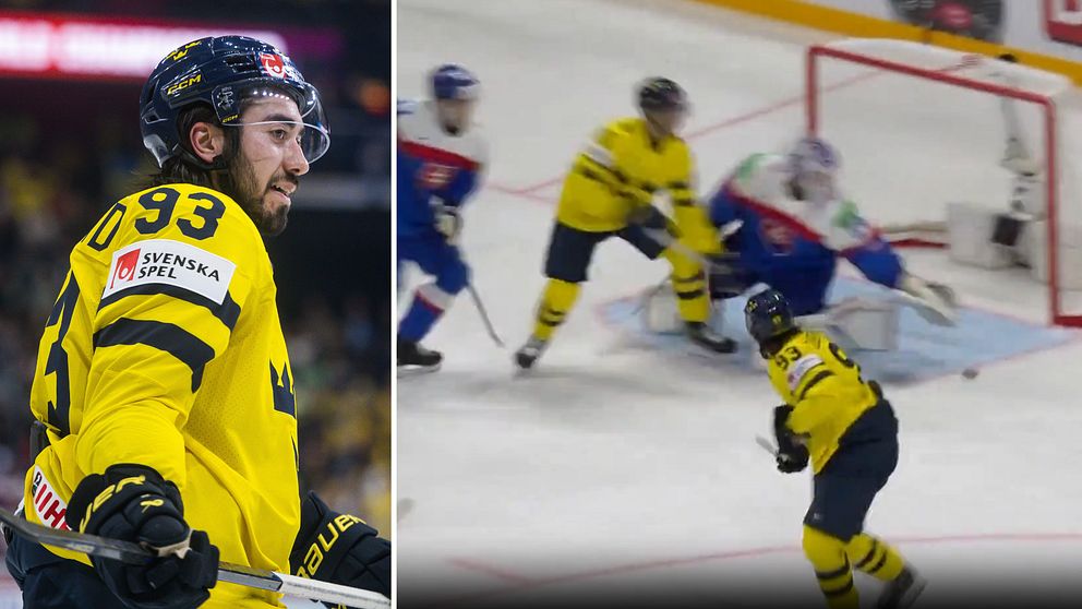 Delad bild. Till vänster: svensk ishockeyspelare i gul tröja. Till höger: match vid motståndarmål.