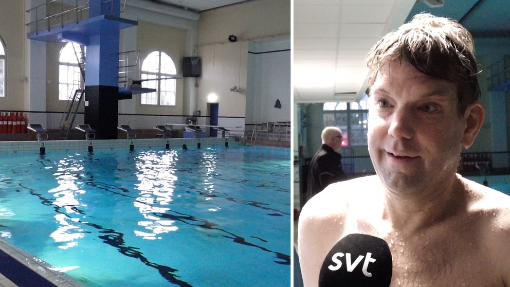 En delad bild med två sektioner. Den vänstra sektionen visar en simhall med en stor, blå pool och flera simbanor. I bakgrunden syns ett hopptorn och fönster som släpper in naturligt ljus. Den högra sektionen visar en person som håller en mikrofon med en logotyp från SVT, med en suddig ansiktsdel, och en annan person synlig i bakgrunden.