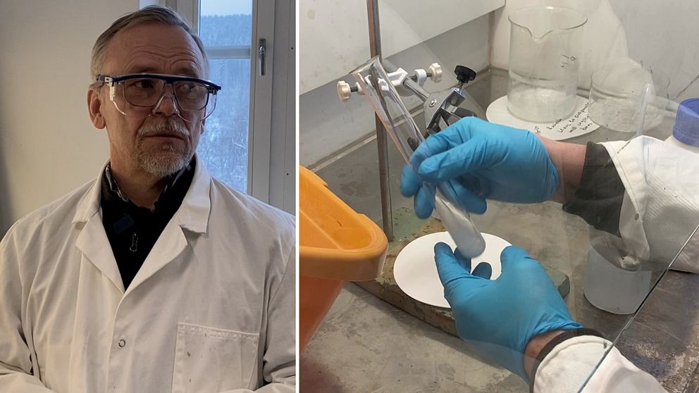 En man klädd i labbrock och skyddsglasögon till vänster samt ett par händer med blåa plasthandskar till höger.