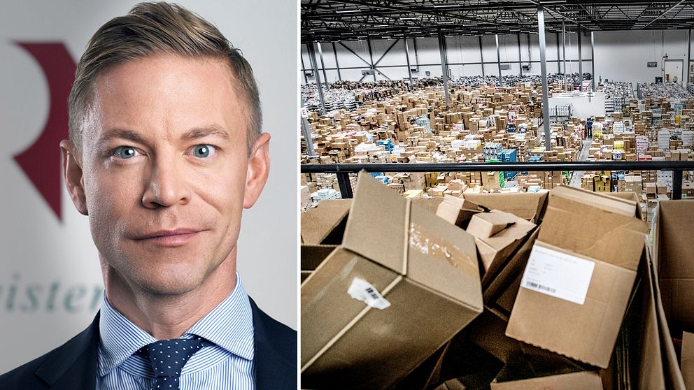 Marcus Isgren, chef på Allmänna reklamationsnämnden. Och en bild på flera paket som ska levereras.