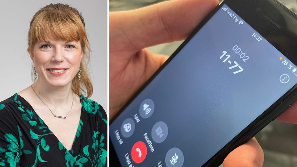 Hand håller telefon som ringer sjukvårdsupplysningen 1177 i