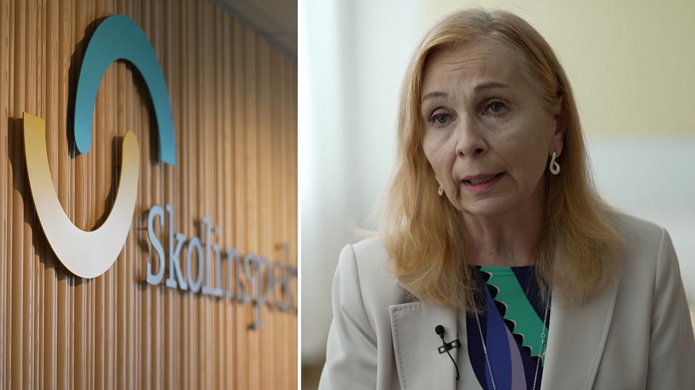 Skolinspektionens logotyp och myndighetens generalsekreterare. Kvinna i vit kavaj.