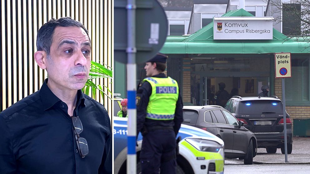 Delad bild: Till vänster syns Mohkar Bennis gymnasiechef i Örebro kommun, och till höger visar en polis i reflexväst vid Komvux Campus Risbergska-entrén där bilar, inklusive en polisbil med blåljus, är parkerade.