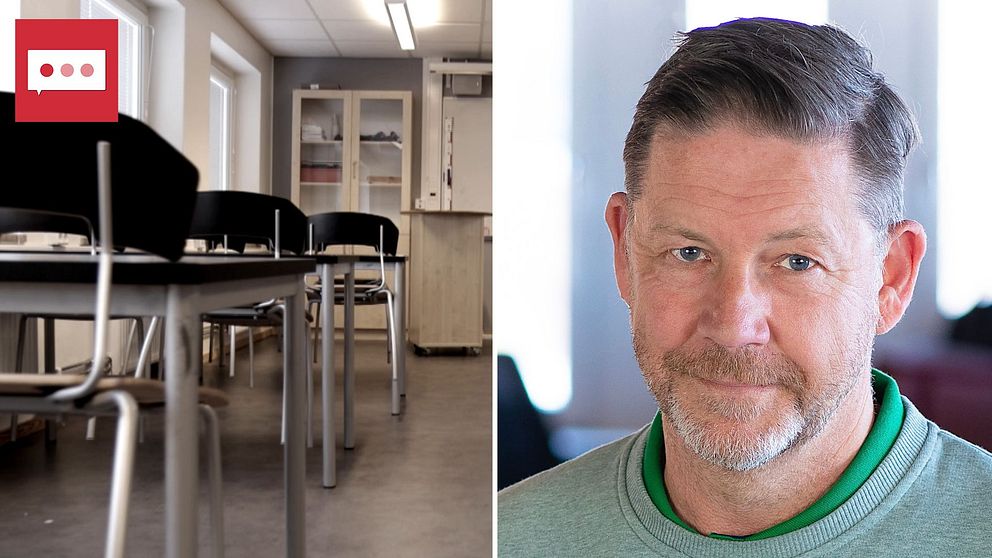 Ett klassrum till vänster om bilden och en man i höger om bilden.