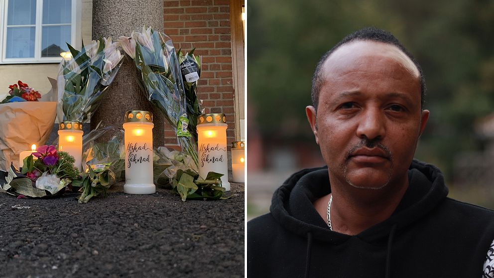 Ljus och blommor på minnesplats, och till höger i bild en släkting till offret.