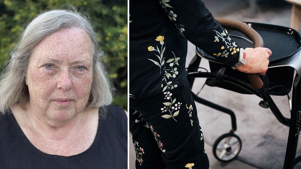 Elvy Johansson, medicinskt ansvarig sjuksköterska på Ulricehamns kommun samt en äldre kvinnas händer på en rullator