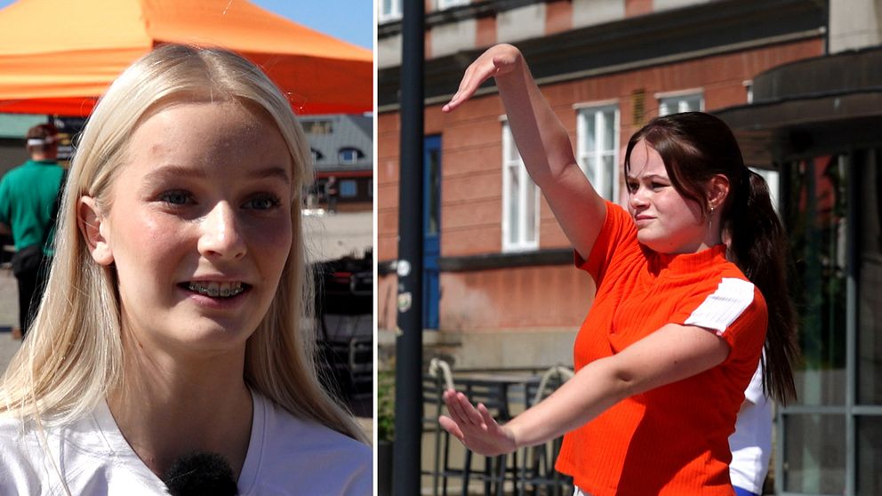 Två unga kvinnor deltar i sommardans utomhus under en solig dag.