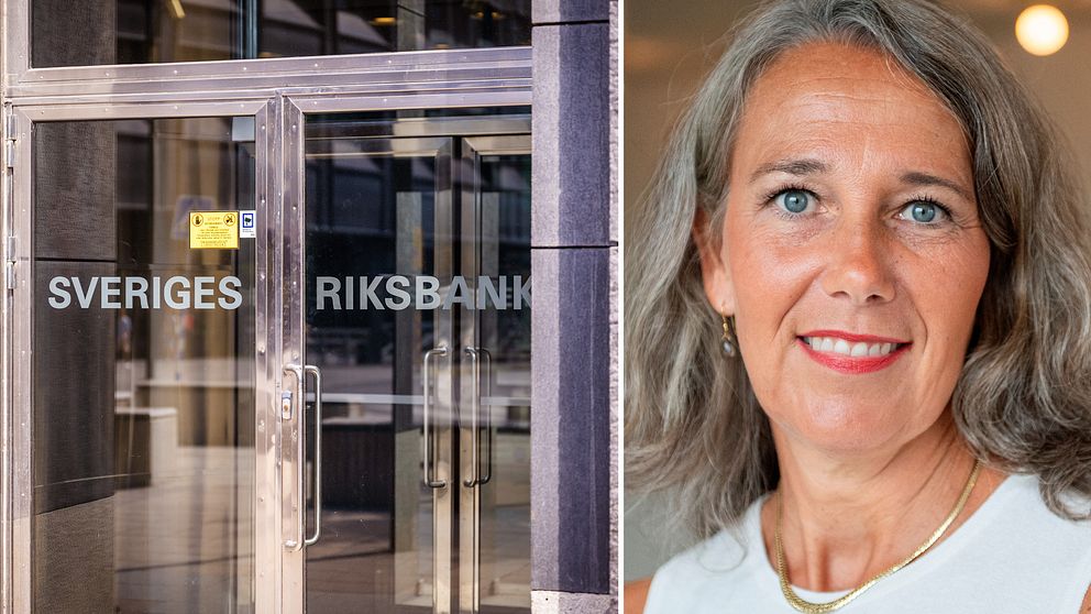 Delad bild. Till vänster: Entrén till Sveriges Riksbank. Till höger: Nordeas chefsekonom Annika Winsth.