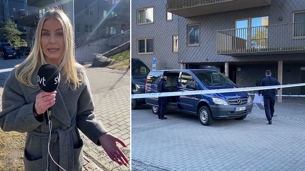 SVT:s reporter, kvinna i grå kappa och mikrofon i handen, på plats vid polispådrag i Nya Hovås i Göteborg där polisfordon parkerat utanför bostad efter larm om misstänkt farligt föremål