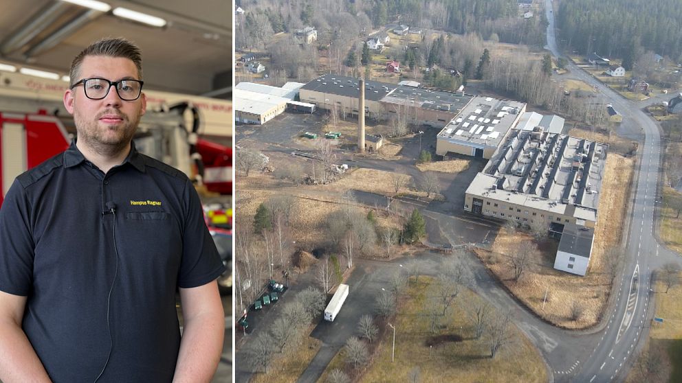 Hampus Ragnar står på brandstationen. Och en flygbild på fabriken i Anneberg.