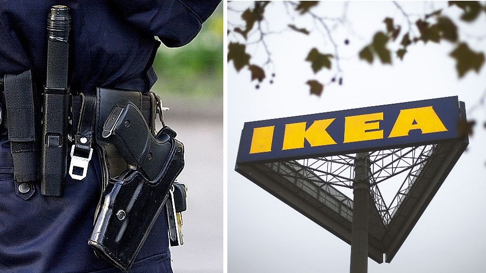 Polisens bälte med handfängsel och ficklampa till vänster, och en skylt med IKEA-logga till höger.