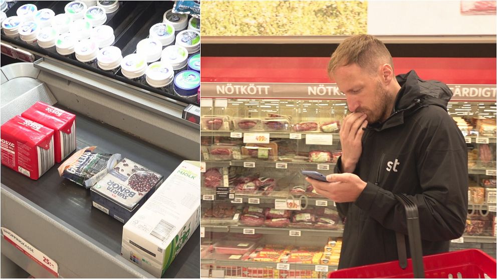 Varor i en mataffär. Man tittar på sin telefon.
