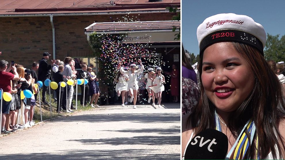 Delad bild som visar ett studentutspring och en närbild på student Clidmari Angel.