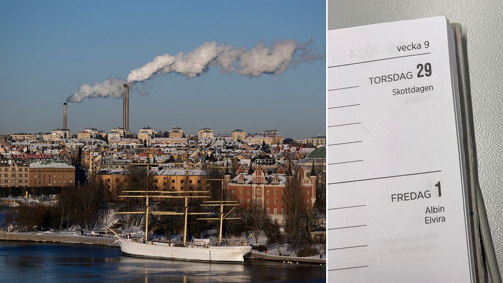 Stockholm  tv i bild, hus med snö på taken, kalender till höger