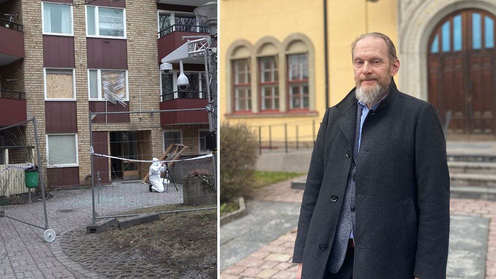 Bild på kriminaltekniker som undersöker explosionsdrabbat lägenhetshus och porträtt på man med grått skägg framför det gula stadshuset i Linköping.