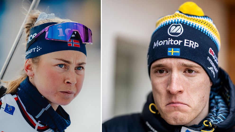 Delad bild med två sektioner: till vänster en skidåkare i sportutrustning och tävlingsdräkt med skidglasögon i ett vinterlandskap; till höger en person i vinterklädsel med en mössa märkt ”Monitor ERP” i ett inomhusmiljö.