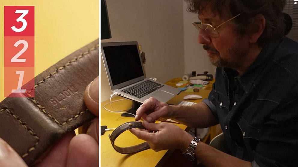 Nära bild på ett hundhalsband med datummärkning. Dennis Dahlqvist sitter vid ett bord och pekar mot halsbandet.