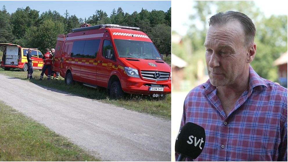 Anders Ström intervjuas om brandrisk vid gården på Järvafältet, räddningsfordon i bakgrunden