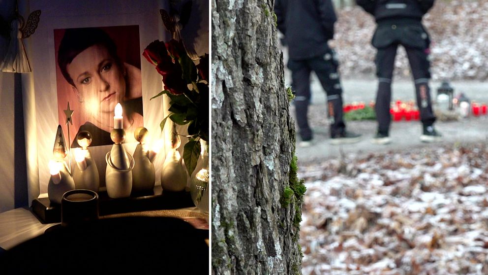 En delad bild som visar en minnesplats. Till vänster syns ett dekorativt altare med blommor och ljus, samt ett foto. Till höger står personer i mörka kläder vid en plats med röda ljus på marken, omgivna av en skogsmiljö med löv och en trädstam i förgrunden.