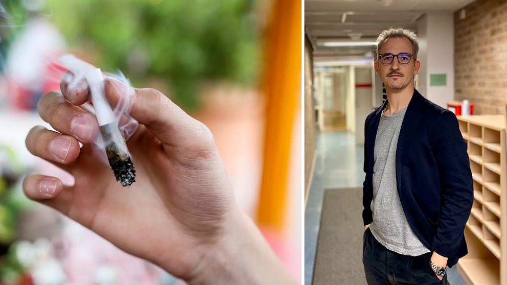 Johan Wicklén, reporter till höger, till vänster en cannabiscigarett.