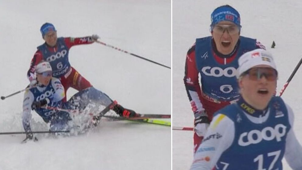 Tvådelad bild. Vänster: Skidåkare faller under tävling. Höger: Två skidåkare i närbild.