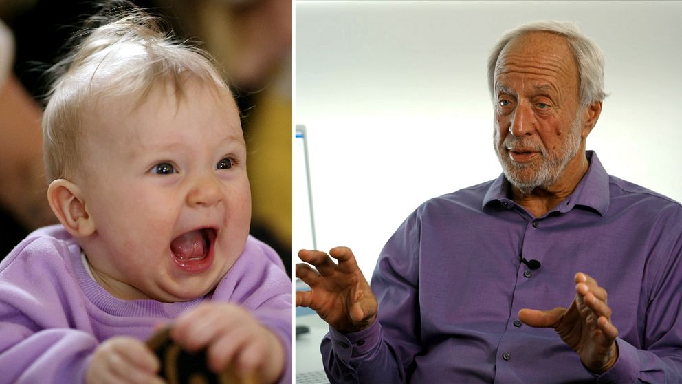 Ett barn och en professor iklädda lila tröjor