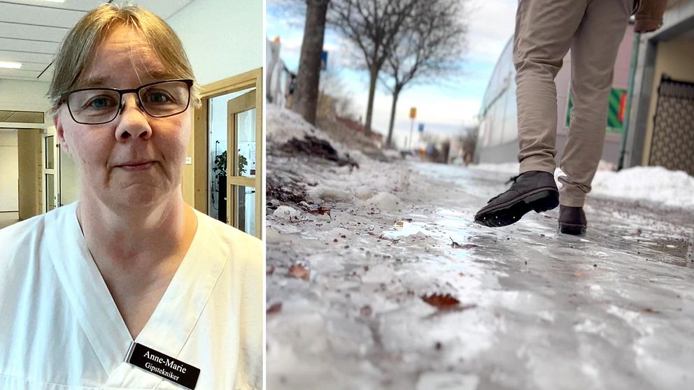 porträttbild av gipsteknikerna Anne-Marie Gradin och en bild av en isig gångväg med en någon som går, bara benen och fötterna syns