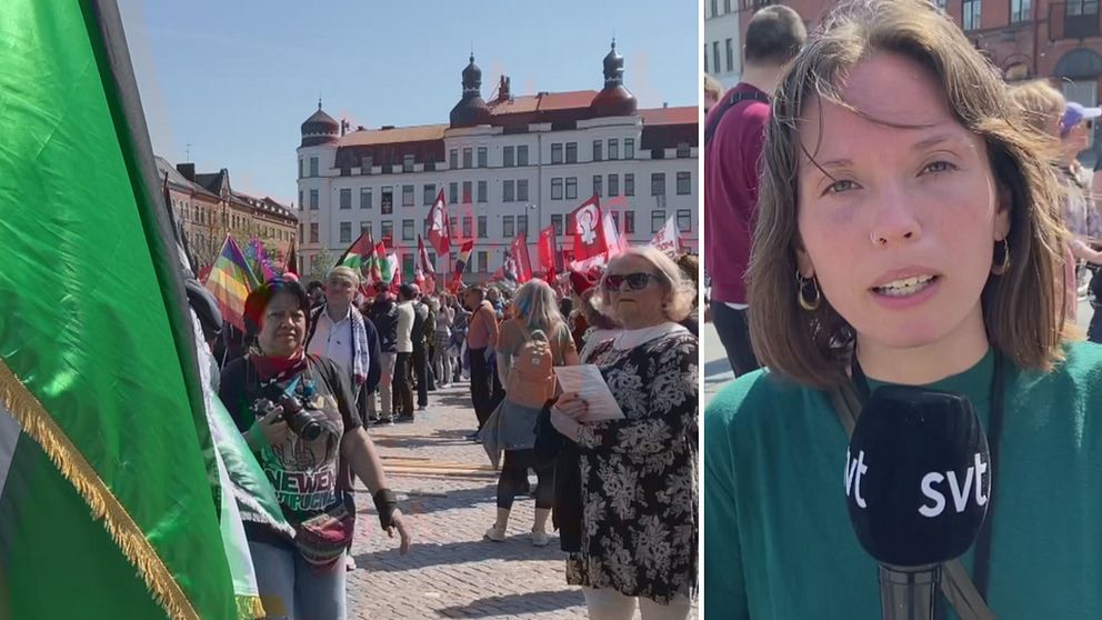 Demonstranter på Möllan och bild på SVT:s reporter Julia Wiberg