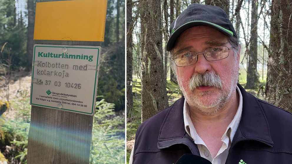 Till vänster en bild på en kulturlämningsskylt, till höger Ulf Eriksson, arkeolog på Skogsstyrelsen.