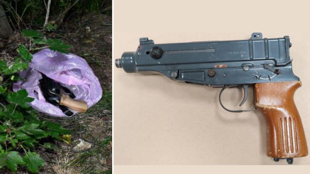 Bild på vapen i en lila påse. Kulsprutepistolen.