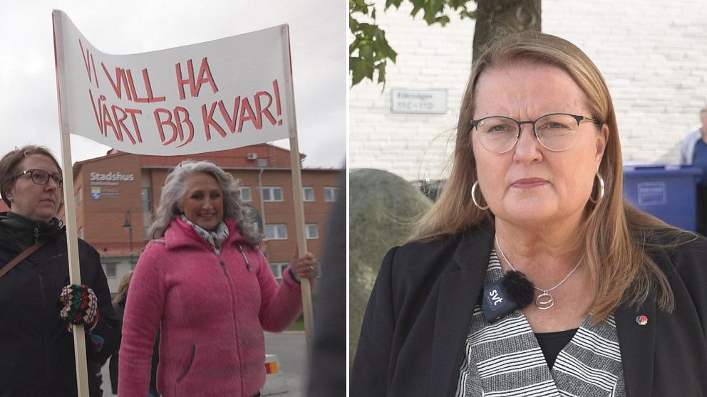 Två kvinnor med en skylt som säger att de vill ha BB kvar. Till höger ett portätt av Anna-Lena Danielsson (S).