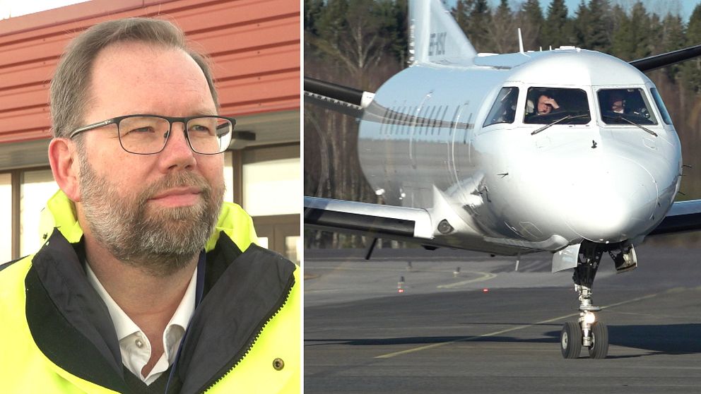 Flygplan som landat på Örebro Airport och porträttbild på man med glasögon.