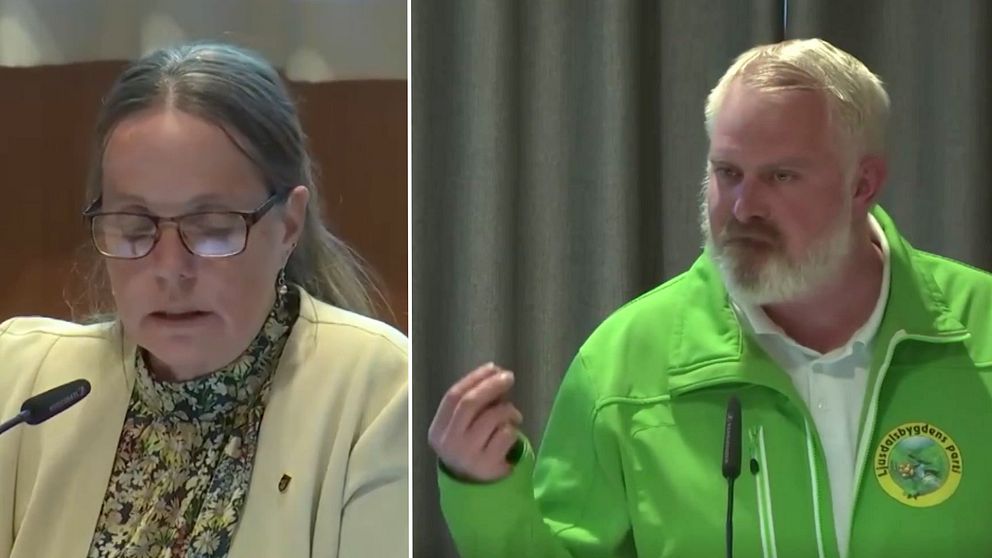 Delad bild. Till vänster talar en kvinna vid mikrofon. Till höger man i grön jacka vid talarstol.