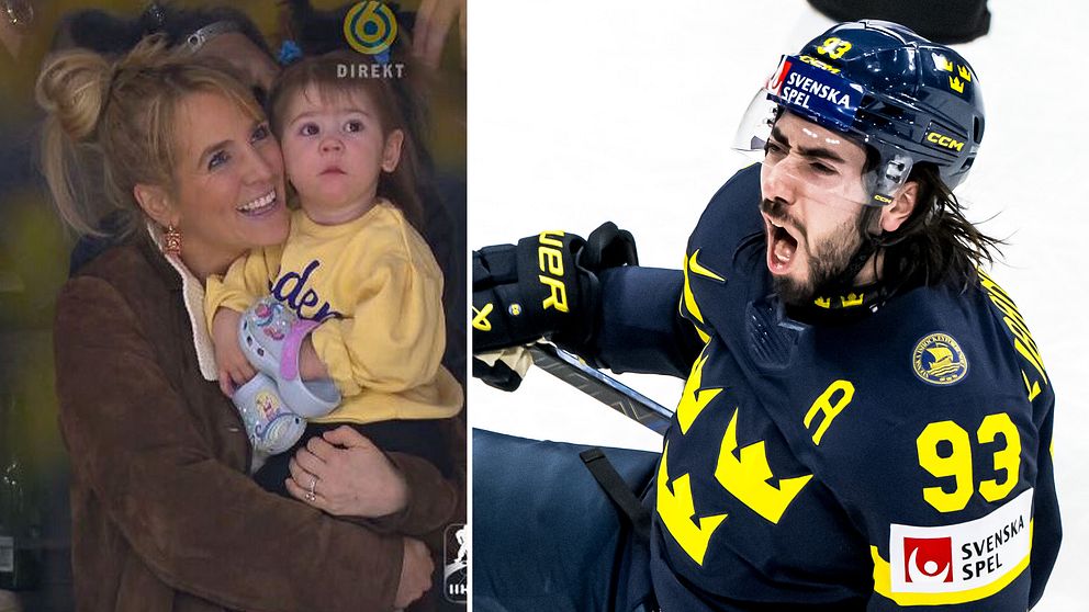 Delad bild. Till vänster: person håller barn. Till höger: ishockeyspelare i landslagsdräkt.