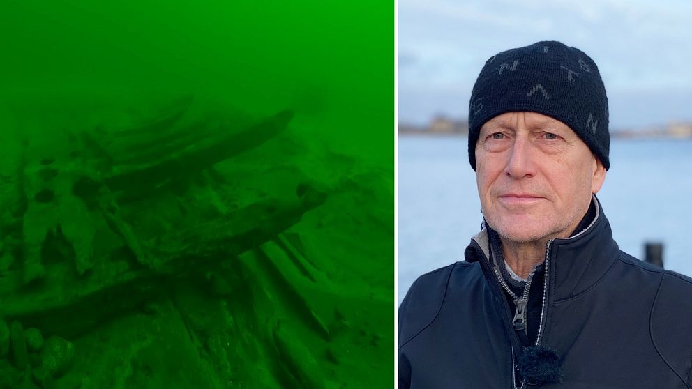 Tvådelad bild på dels skeppsvrak på havsbotten utanför Karlshamn och dels porträttbild på marinarkeologen Mikael Björk vid Blekinge museum.