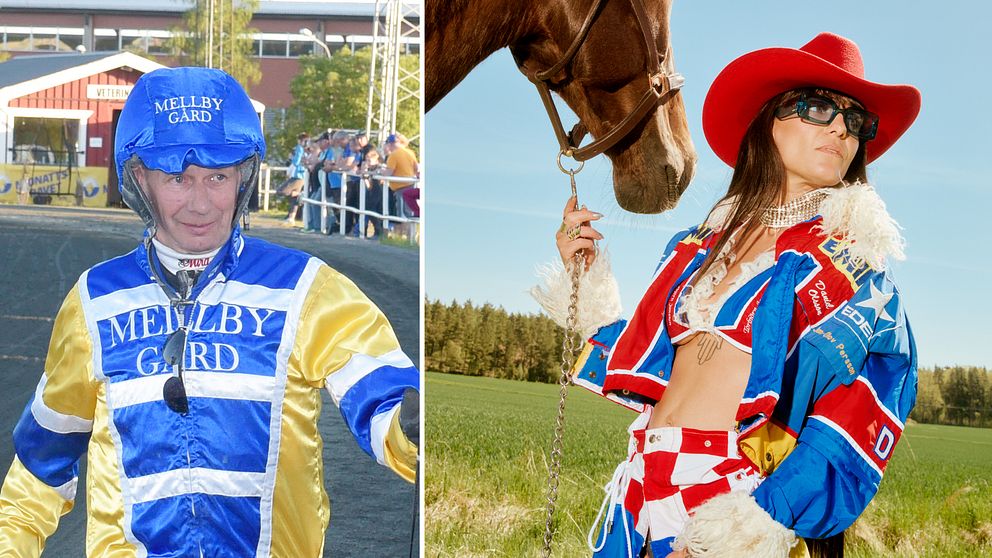 Jorma Kontio promenader på travbanan. Till höger står artisten Cleo med en häst.