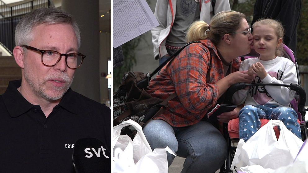 Tvådelad bild. Vänster: intervju med SVT. Höger: kvinna och barn vid matkassar.