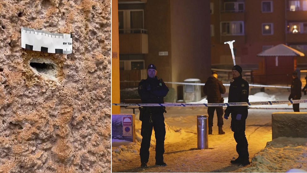 bild på ett skotthål och poliser som står vid avspärrningar