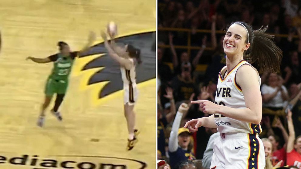 Delad bild. Till vänster: basketspelare skjuter. Till höger: spelare firar framför jublande publik.