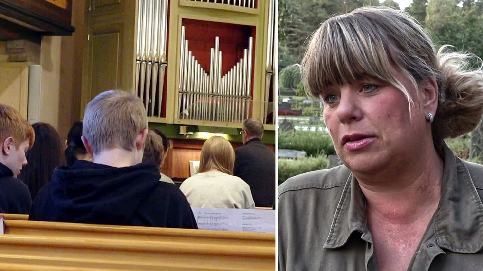 En delad bild som visar två scener. Till vänster är en inomhusmiljö med en grupp ungdomar som sitter vända mot ett orgel i en kyrka. Till höger syns en kvinna stående utomhus med en grönskande bakgrund.