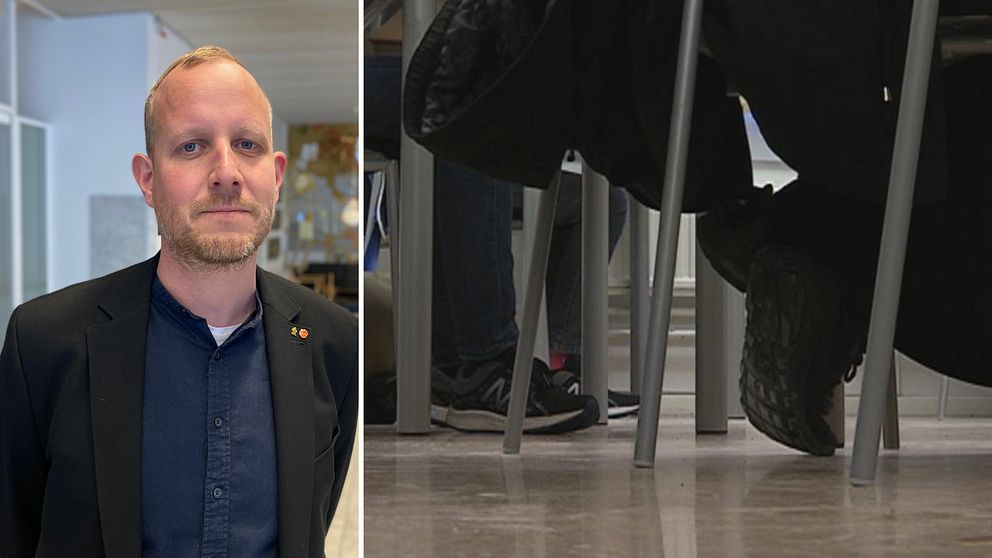 Torbjörn Kock och elever som sitter på stolar i ett klassrum.