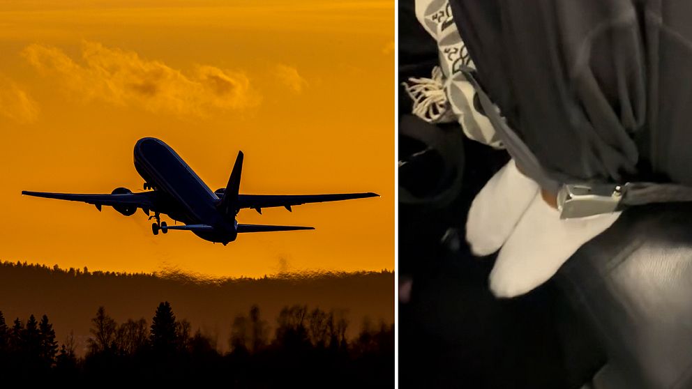 Flygplan som lyfter i solnedgång till vänster, bild på fötter uppe på ett flygplanssäte till höger.