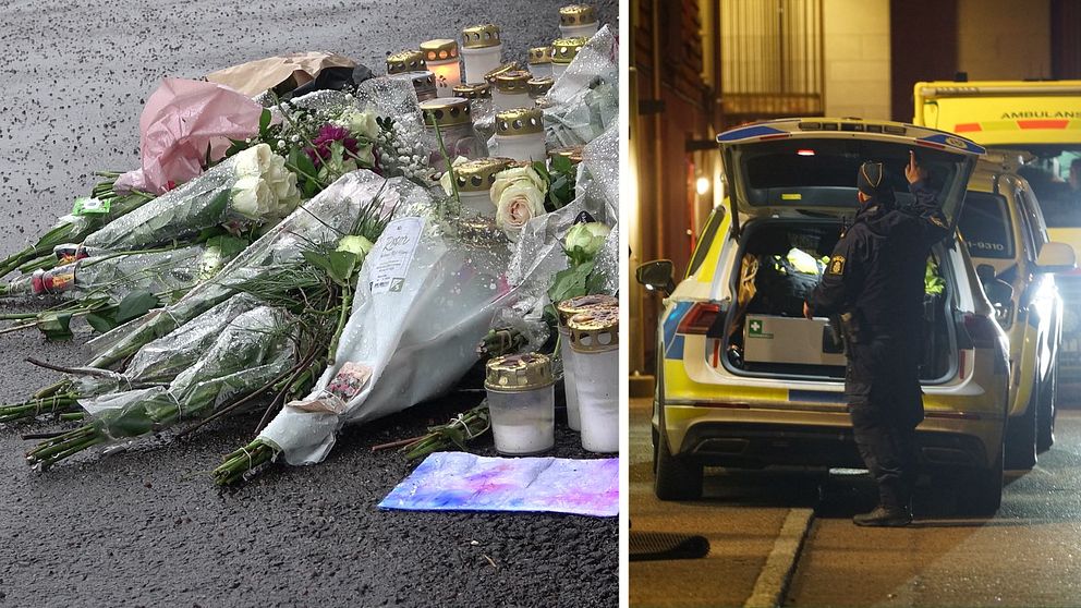 till vänster syns blommor och gravljus på en minnesstund, till höger syns en polisbil med öppen baklucka och en polis