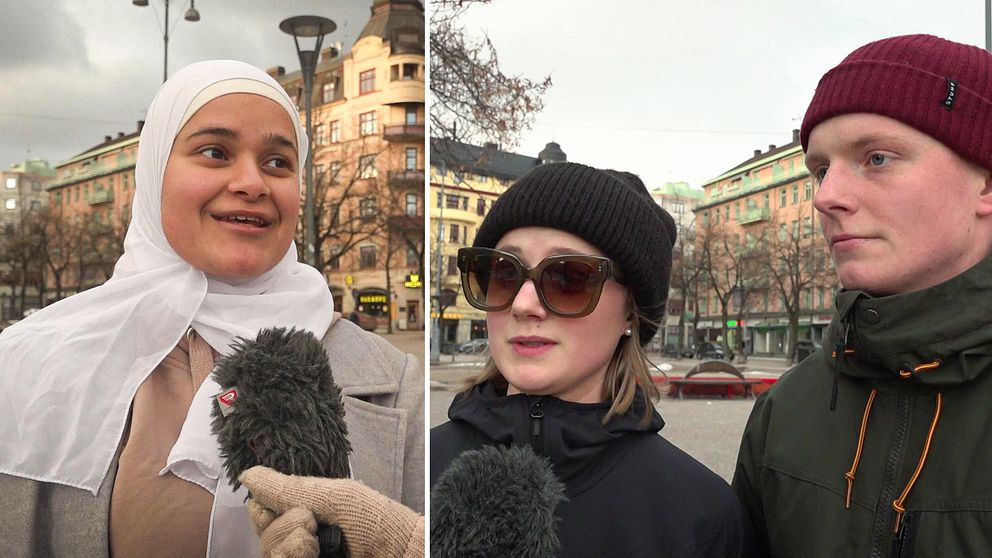 Till vänster en kvinna med slöja på gatan i centrala Örebro. Till höger två unga personer med mössa.