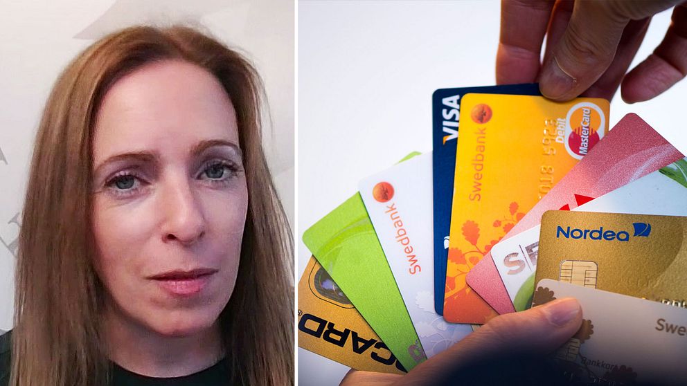 Kvinna till vänster, en hand med många bankkort till höger.