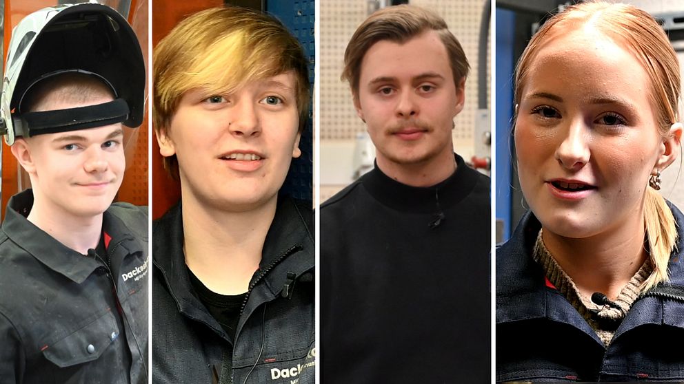 Fyra personer iförda arbetskläder från Däckia, fotograferade i vad som ser ut att vara ett garage eller en verkstadsmiljö.